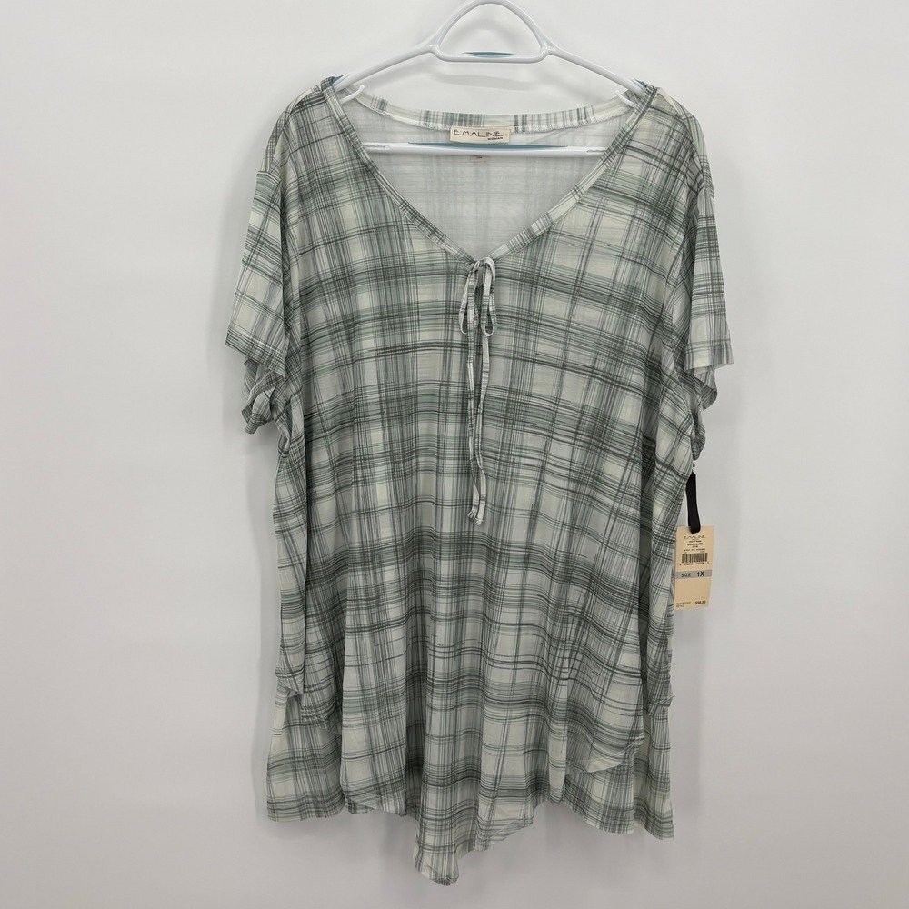 Emaline Woman Plus Size 1X Green‎ Plaid Mesh V-Neck Tie Front Top NWT Guadalupe